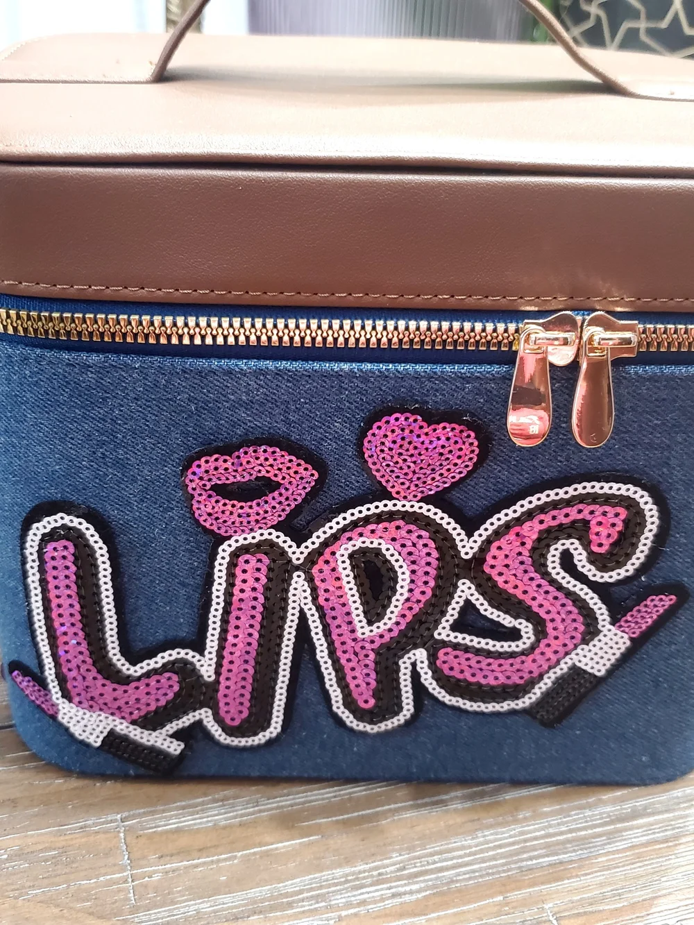 Women’s Denim Vanity Bag with Pink Sequin 'Lips' Accent